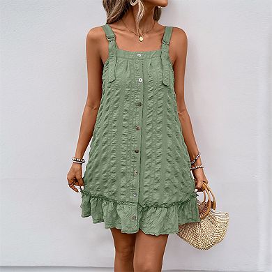 Women's Adjustable Strap Button Front Ruffle Hem Dress with Pockets Casual Summer Dress