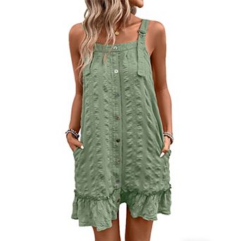 Women's Adjustable Strap Button Front Ruffle Hem Dress with Pockets Casual Summer Dress
