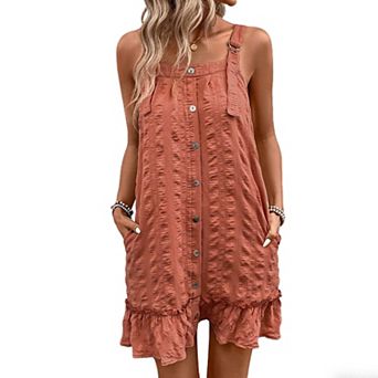 Women's Adjustable Strap Button Front Ruffle Hem Dress with Pockets Casual Summer Dress