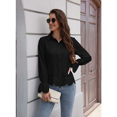 Womens 3/4 Bell Sleeve Ruffle Hem Button Down Shirts Casual Eyelet Elegent Blouse