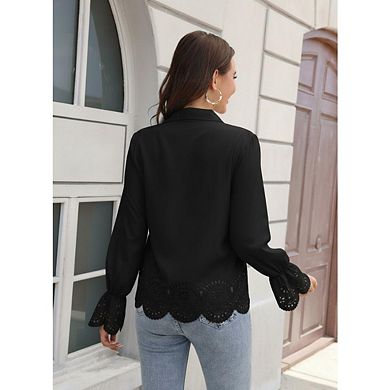 Womens 3/4 Bell Sleeve Ruffle Hem Button Down Shirts Casual Eyelet Elegent Blouse