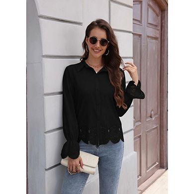Womens 3/4 Bell Sleeve Ruffle Hem Button Down Shirts Casual Eyelet Elegent Blouse