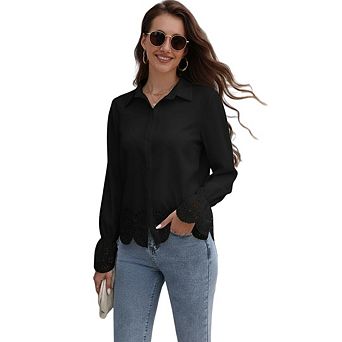 Womens 3/4 Bell Sleeve Ruffle Hem Button Down Shirts Casual Eyelet Elegent Blouse