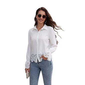 Womens 3/4 Bell Sleeve Ruffle Hem Button Down Shirts Casual Eyelet Elegent Blouse