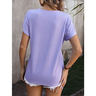 Women's V-Neck Texture Stripe Blouse Short Sleeves for Casual Work Office Wear