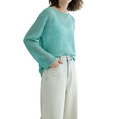Women's Boat Neck Sheer Knit Top Sparkle Embellishment Long Sleeve Relaxed Drop Shoulder Shirts