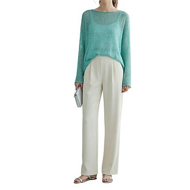 Women's Boat Neck Sheer Knit Top Sparkle Embellishment Long Sleeve Relaxed Drop Shoulder Shirts