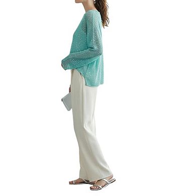 Women's Boat Neck Sheer Knit Top Sparkle Embellishment Long Sleeve Relaxed Drop Shoulder Shirts