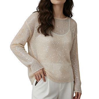 Women's Boat Neck Sheer Knit Top Sparkle Embellishment Long Sleeve Relaxed Drop Shoulder Shirts