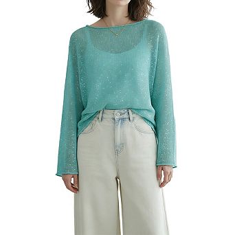 Women's Boat Neck Sheer Knit Top Sparkle Embellishment Long Sleeve Relaxed Drop Shoulder Shirts