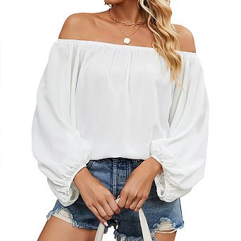 Women Off Shoulder Top Long Lantern Sleeves Elastic Neckline Casual T Shirt for Daily Wear