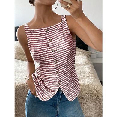 Women's Striped Button Down Crochet Sleeveless Square Neck Casual Long Vest Tops