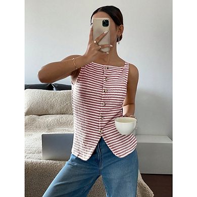 Women's Striped Button Down Crochet Sleeveless Square Neck Casual Long Vest Tops