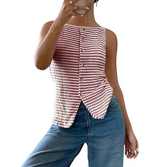Women's Striped Button Down Crochet Sleeveless Square Neck Casual Long Vest Tops