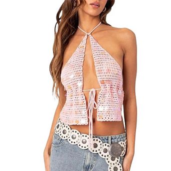 Women's Y2k Halter Top Tie Front Sequin Rave Party Going Out Tops