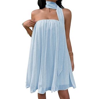 Women's Strapless Flowy Mini Dress with Removable Scarf Elegant Party Vacation Casual Wear