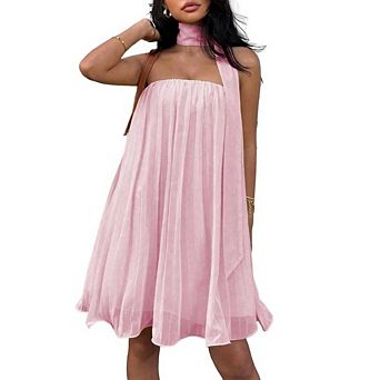 Women's Sleeveless Pleated Mini Dress Y2K Cute Chiffon Flowy Beach Party Club Dresses