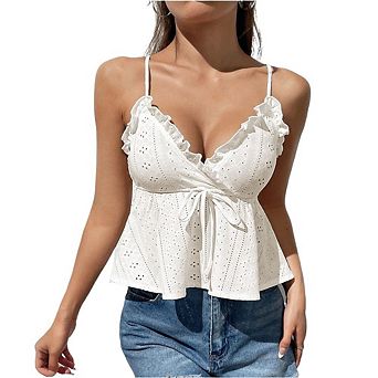 Women's Tie Front Eyelet Peplum Cami Top Ruffled V Neck Spaghetti Strap Blouse