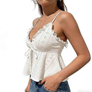 Women's Tie Front Eyelet Peplum Cami Top Ruffled V Neck Spaghetti Strap Blouse