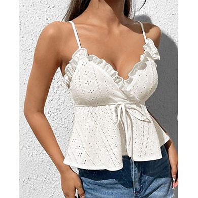 Women's Tie Front Eyelet Peplum Cami Top Ruffled V Neck Spaghetti Strap Blouse