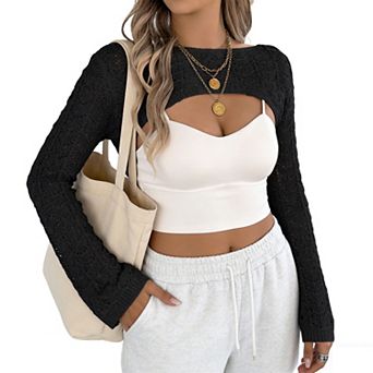 Women's Crochet Bell Sleeve Crop Top - Boat Neck Sheer Knit Shrug for Festivals & Going Out