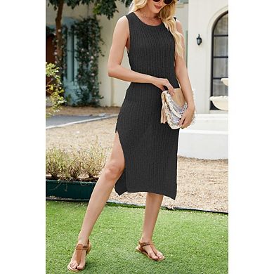 Women's Sleeveless Scoop Neck Ribbed Knit Side Split Tank Top Midi Dress
