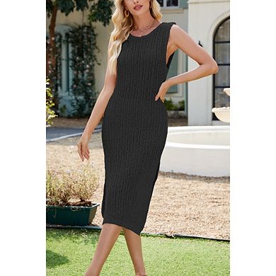 Women's Sleeveless Scoop Neck Ribbed Knit Side Split Tank Top Midi Dress