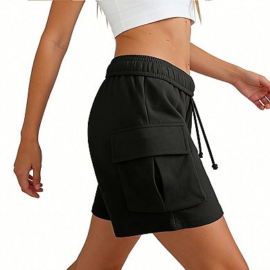 Women's Cargo Sweat Shorts with Pockets - Elastic High Waisted Drawstring Casual Lounge Shorts