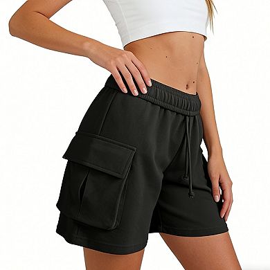Women's Cargo Sweat Shorts with Pockets - Elastic High Waisted Drawstring Casual Lounge Shorts