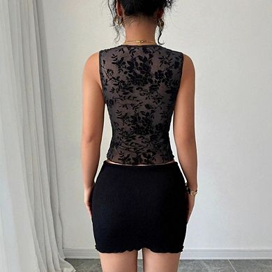 Women's V Neck Lace Top Sleeveless Sheer Mesh Tank Crop Tops