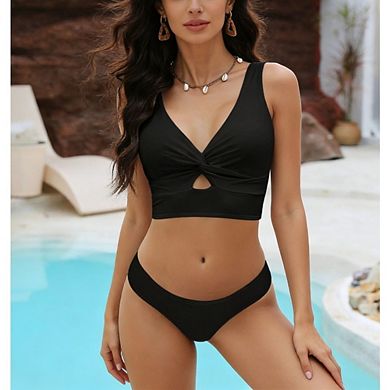 Women's Two-Piece Bikini Set Twist Front V-Neck Crop Top Adjustable Straps for Beach Pool