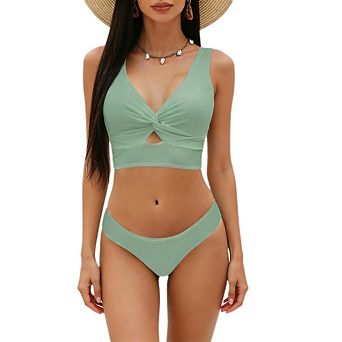 Women's Two-Piece Bikini Set Twist Front V-Neck Crop Top Adjustable Straps for Beach Pool