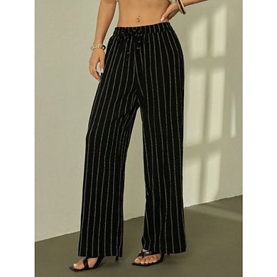Women's Striped High Waist Tie Front Drawstring Palazzo Pants