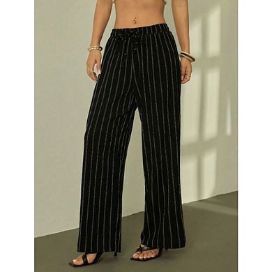 Women's Striped High Waist Tie Front Drawstring Palazzo Pants