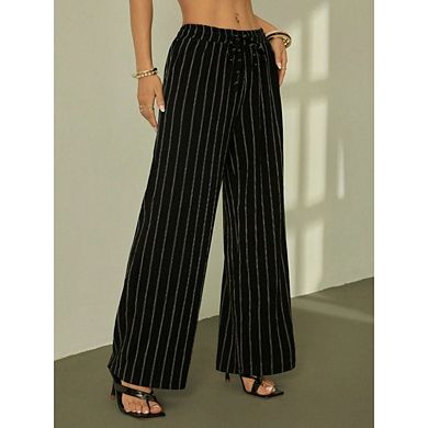 Women's Striped High Waist Tie Front Drawstring Palazzo Pants