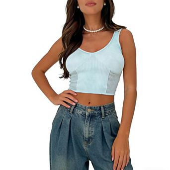 Women's Ribbed Knit V-Neck Crop Tank Top - Open Mesh Side Detail Casual Summer Top