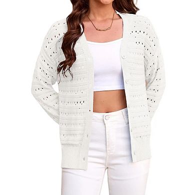 Women Lightweigt Hollow Out Knit Cardigan Long Sleeve Cropped Shrug Spring Button Down Sweaters Tops