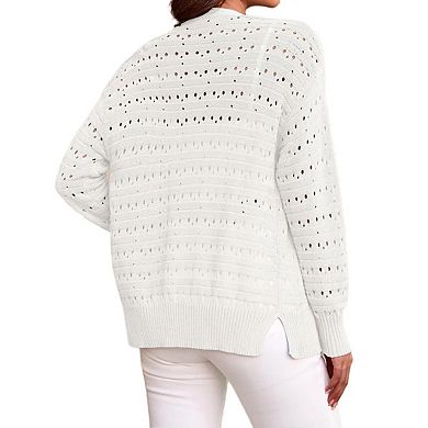 Women Lightweigt Hollow Out Knit Cardigan Long Sleeve Cropped Shrug Spring Button Down Sweaters Tops