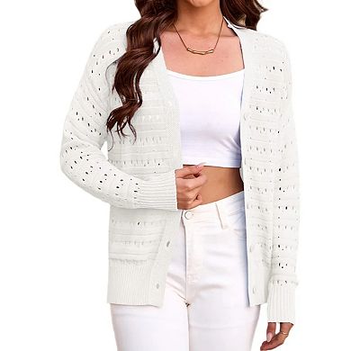 Women Lightweigt Hollow Out Knit Cardigan Long Sleeve Cropped Shrug Spring Button Down Sweaters Tops