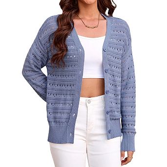 Women Lightweigt Hollow Out Knit Cardigan Long Sleeve Cropped Shrug Spring Button Down Sweaters Tops