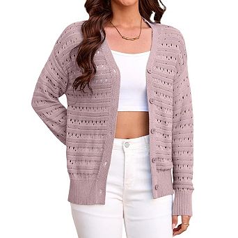 Women Lightweigt Hollow Out Knit Cardigan Long Sleeve Cropped Shrug Spring Button Down Sweaters Tops