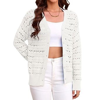 Women Lightweigt Hollow Out Knit Cardigan Long Sleeve Cropped Shrug Spring Button Down Sweaters Tops