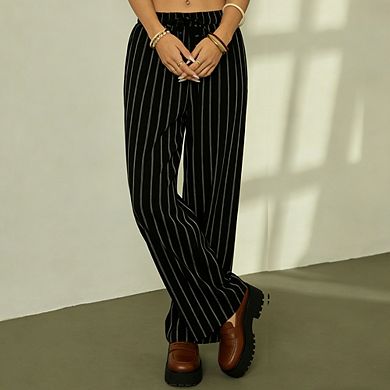 Women's Striped Drawstring Wide Leg Pants Vertical Straight Trousers Elegant Slimming Casual Pants