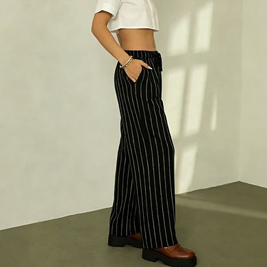 Women's Striped Drawstring Wide Leg Pants Vertical Straight Trousers Elegant Slimming Casual Pants