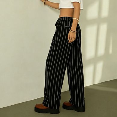 Women's Striped Drawstring Wide Leg Pants Vertical Straight Trousers Elegant Slimming Casual Pants