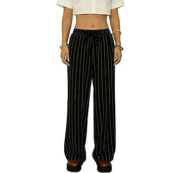 Women's Striped Drawstring Wide Leg Pants Vertical Straight Trousers Elegant Slimming Casual Pants