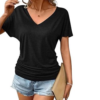 Womens Summer T-Shirts Short Sleeve V Neck Dolman Tops with Side Shirring Loose Fit Shirts