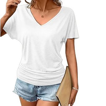 Womens Summer T-Shirts Short Sleeve V Neck Dolman Tops with Side Shirring Loose Fit Shirts