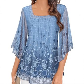 Women's Plus Size Floral Print Blouse Square Neck Flare Sleeve Double Layer Top