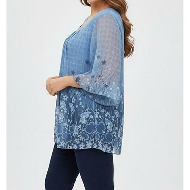 Women's Plus Size Floral Print Blouse Square Neck Flare Sleeve Double Layer Top